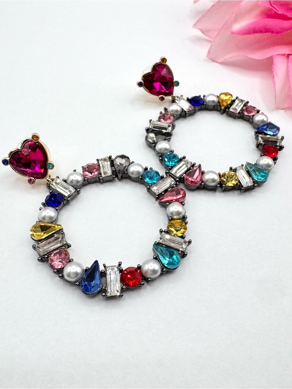 Betsey Johnson Earrings “Bling Thing” Rainbow Rhinestone Faux Pearl Statement